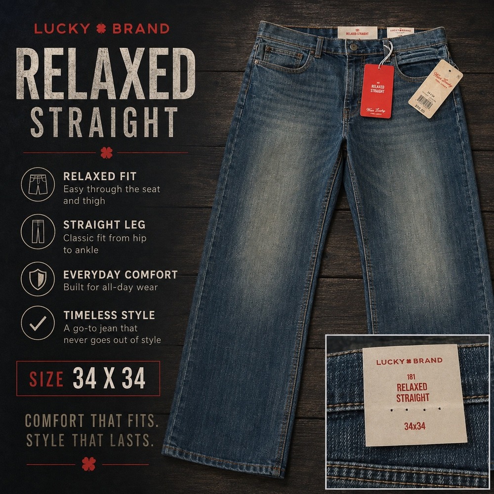 NWT Lucky Brand Men's Relaxed Straight Leg Jeans 34x34 Blue Denim